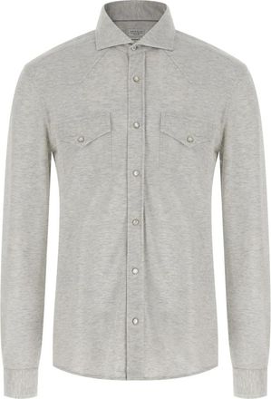 Brunello Cucinelli Cotton Piquet Shirt - Heren - Casual Overhemden - Grijs - M - Katoen - Overhemden