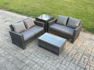 Fimous Wicker Rattan Garden Furniture Sofa Set with Rectangular Coffee Table Double Seat Sofa Side Table Outdoor Rattan Set in Dark Grey