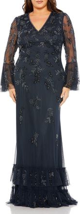 Mac Duggal V-Neck Embellished Flutter Tiered Long Sleeve Gown in Midnight at Nordstrom, Size 18W