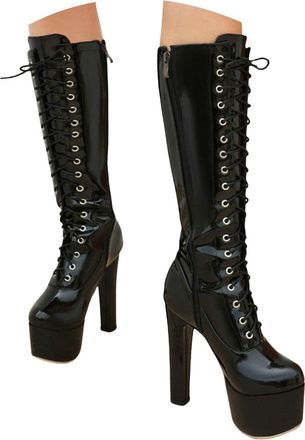 Generic Womens Platform Lace up High Chunky Heel Knee High Boots with Side Zipper Fashion Comfort Leather Long Boot Wide Claf Black