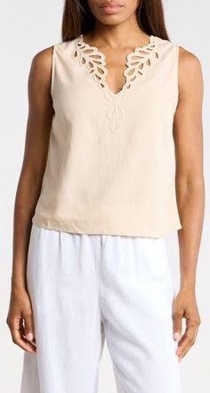 Ellen Tracy Embroidered Eyelet Sleeveless Top in Linen at Nordstrom Rack, Size X-Small