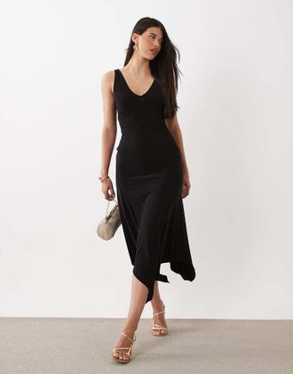 Asos Vestito midi morbido e sinuoso nero con scollo a V e fondo a fazzoletto