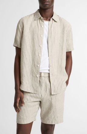 Vince Ballstone Stripe Short Sleeve Hemp Button-Up Shirt in Parchment/Coastal Stripes at Nordstrom, Size Xx-Large
