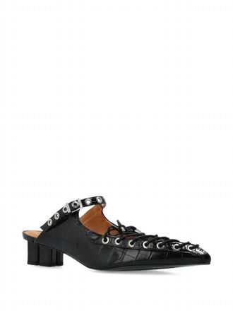 Ganni Womens Eyelets Lace-Up Mules In Black Croco