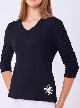 French Kyss V-Neck Top With Flower In Black/ivory