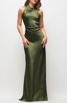 After Six Leona Bias Cut Charmeuse Halter Gown in Olive Green at Nordstrom, Size 18