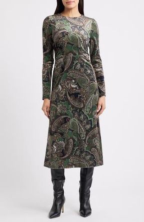 Julia Jordan Paisley Long Sleeve Velvet Midi Dress in Green Multi at Nordstrom Rack, Size 10