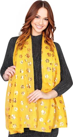 World of Shawls Rose Gold Foiled Animal Dogs Paw Print Scarf Wraps Shawl Scarves (Mustard)