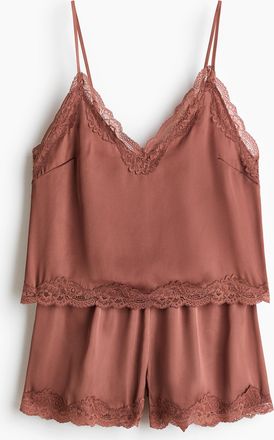 H&M Nachtw&auml;sche aus Satin mit Spitzenbesatz - Dunkles Mattrosa