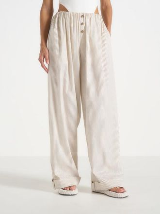 Mani&egrave;re De Voir Ivanna Elasticated Wide Leg Striped Cotton Pants in Cream at Nordstrom, Size 10