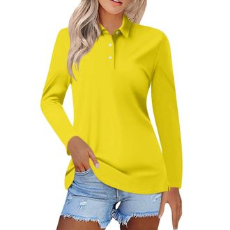 Generic Womens Long Sleeve Polo Shirts Multi-Colours Work Wear Tops Lady-Fit Classic Solid Cotton Pique Golf Shirts UPF 50+ Sun Protection T-Shirt Quick Dry M
