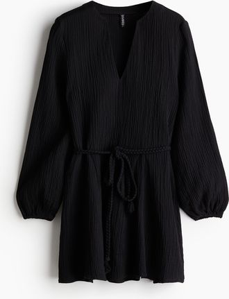 H&M Kleid mit Ballonärmeln und Bindegürtel - Schwarz