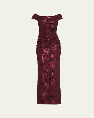 Teri Jon Ruched Metallic Floral Jacquard Column Gown