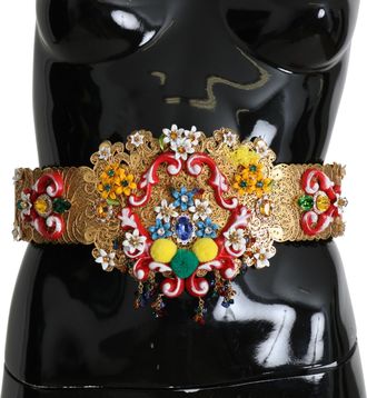 Dolce & Gabbana Embellished Floral Crystal Wide Waist Golden Womens Belt