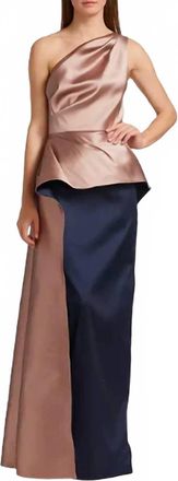 Teri Jon One Shoulder Two Tone Gazar Peplum Gown In Mauve/navy