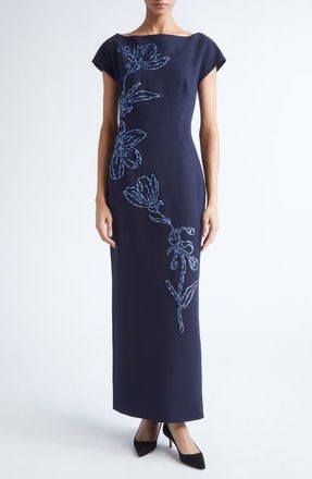 Lela Rose Ikat Floral Embroidered Stretch Crepe Gown in Navy/Blue at Nordstrom, Size 10