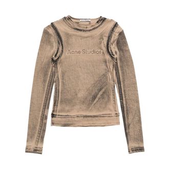 Acne Studios Tops, Dames, Beige, S, Katoen, Gelaagde Print T-shirt