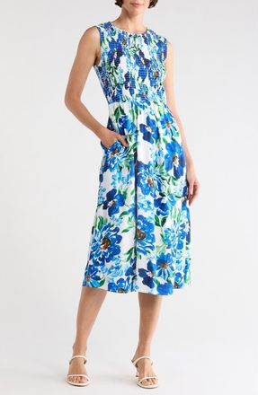 Calvin Klein Smocked Sleeveless Midi Dress in White Multi at Nordstrom Rack, Size 12