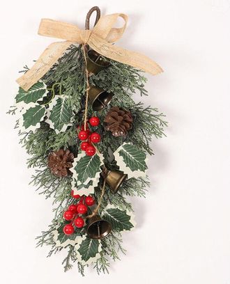OEM Corona Navide&ntilde;a Decorativa Para La Puerta Principal - 40 Cm, Con Campanillas, Bayas Rojas Y Un Lazo Invernal En Forma De L&aacute;grima