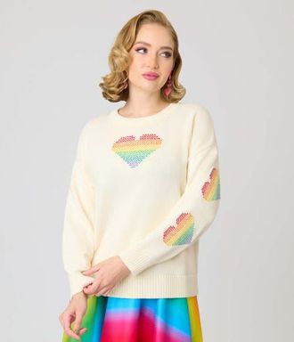 Unique Vintage Long Sleeve Sweater in Beige W/Rainbow Heart Print at Nordstrom, Size X-Small/small