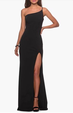 La Femme One Shoulder Jersey Slit Column Dress In Black