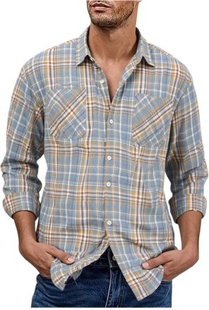 Generic Mens Checked Shirts Casual Regular-Fit Fashionable Versatile Long Sleeve Lightweight Plaid Shirt Comfortable Durable Button-Up Lapel Tops with Chest P