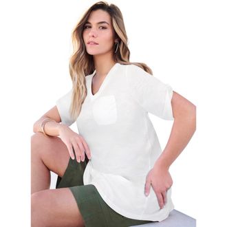 Roaman's Plus Size Slub V-Neck Boyfriend Tunic Top in White at Nordstrom, Size Medium