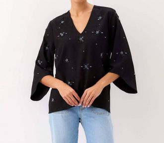 Karen Kane Bracelet Sleeve Embellished Asymmetric Top - Petite In Black