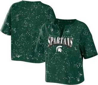 WEAR by Erin Andrews Womens WEAR by Erin Andrews Green Michigan State Spartans Bleach Wash Splatter Cropped Notch Neck T-Shirt at Nordstrom, Size Xx-Large