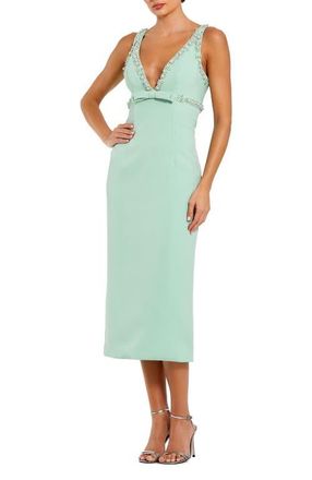Mac Duggal Plunging Beaded Bow Trim V Neck Fitted Midi Dress in Sage at Nordstrom, Size 12