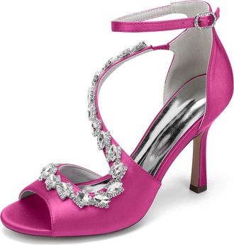 Generic Womens High Heels Satin Bridal Shoes Stiletto Sandals Dress Wedding Heel Formal Evening Shoes Rhinestone 9.5Cm,Fuchsia,10 UK
