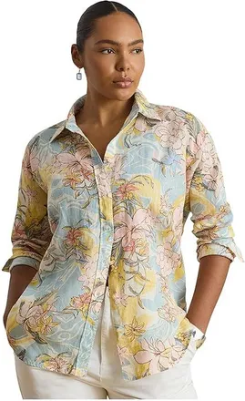 Lauren Ralph Lauren Plus Size Relaxed Fit Floral Linen Shirt Womens Clothing Cream/Blue : 3X