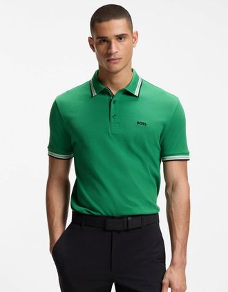 HUGO BOSS Mens BOSS Green Paddy Mens Cotton-Piqu&eacute; Polo Shirt with Contrast Logo - Bright Green 320 - Size: 42