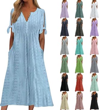 Generic Ladies Summer Dresses Boho Dresses for Women Hollow Eyelet Casual Flowy Maxi Dress Summer Beach Holiday Fashion Tunic V Neck Short Sleeve Bohemian Plu