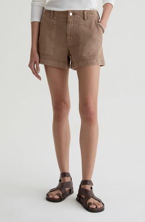 AG - Adriano Goldschmied Analeigh High Waist Workwear Twill Shorts in Sulfur Light Taupe at Nordstrom, Size 28