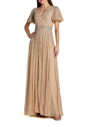 Mac Duggal Hand Embellished V-Neck Flutter Sleeve Gown in Nude Silver at Nordstrom, Size 14