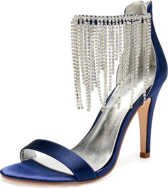 Generic Bridal Heels Women Open Toe Stiletto High Heels Wedding Shoes Satin Prom Party Dress Heel Sandals 10.5Cm,Dark Blue,4 UK