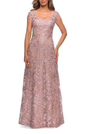 La Femme Cap Sleeve Floral Gown with Sweetheart Neckline in Mauve at Nordstrom, Size 14