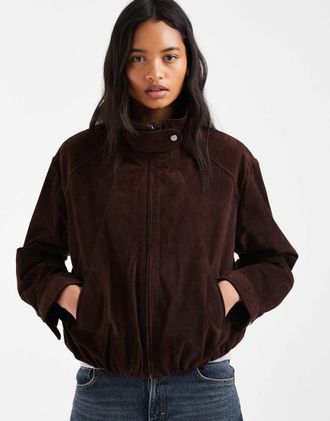 Urban Code giacca bomber in camoscio con collo alto color cioccolato-Marrone