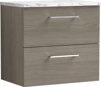 Nuie Arno Wall Hung 2-Drawer Vanity Unit with Carrera Marble Worktop 600mm Wide - Solace oak - Nuie