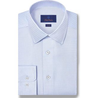 David Donahue Trim Fit Check Cotton & Silk Twill Dress Shirt in Sky at Nordstrom, Size 16.5 - 34