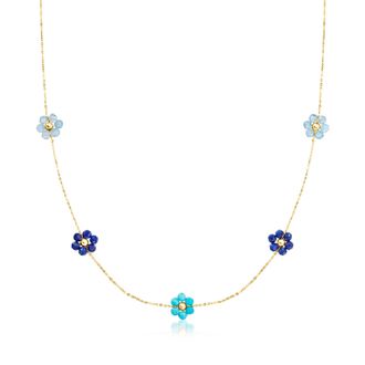 RS Pure by Ross-Simons Multi-Gemstone Bead Flower Necklace in 14kt Yellow Gold
