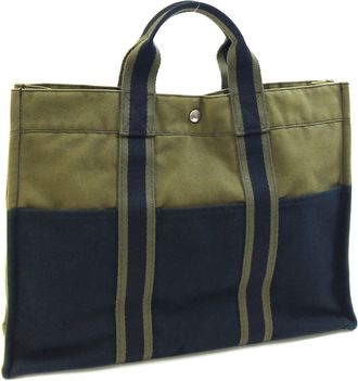 Herm&egrave;s Navy Olive Cotton Canvas Tote Bag (Pre-Owned)