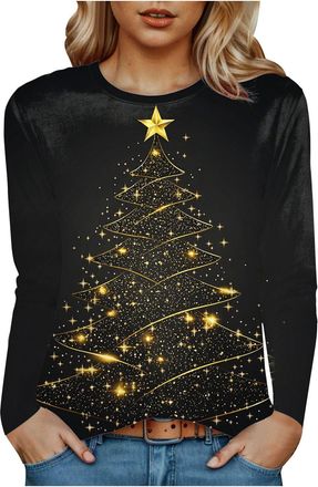 Generic Women Christmas Tops Funny Casual Festive Pullover Classic Basic Tees Shirt Christmas Printed T-Shirts Short Sleeve Crew Neck Sweatshirts Loose Fit Co