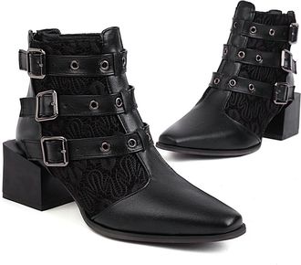 Generic Womens Ankle Boots Patchwork Denim Lace Multi Buckle Pointed Toe Block Heels Comfortable Non Slip Durable for Party Night Out Street Fashion,Black,8.5