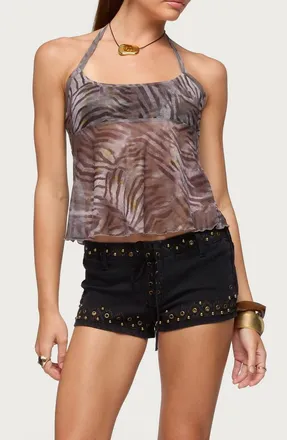 Edikted Tiger Print Mesh Halter Top in Brown at Nordstrom, Size X-Large