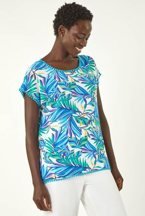 Roman Tropical Leaf Bobble Trim Top