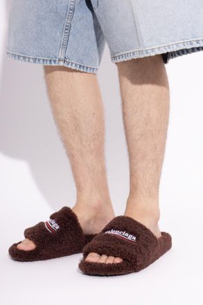 Balenciaga Futrzane Slippers, Mens, Brown