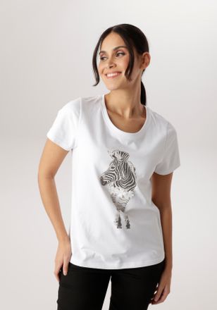 Aniston T-Shirt ANISTON SELECTED, Damen, Gr. 36, wei&szlig;, beige, schwarz, Single Jersey, Obermaterial: 100% Baumwolle, Glitzermuster, bedruckt, figurumspielend h