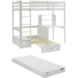Vente-Unique Letto a soppalco 90x200cm scrivania, divano letto e vani Pino massello Sbiancato + Materasso - goliath iii